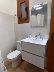 een badkamer met een toilet, een wastafel en een spiegel bij Apartamento en el Parque in Ontinyent +19 foto's