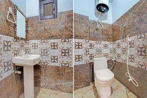 two pictures of a bathroom with a toilet and a sink at Hotel De Huespedes near international airport in New Delhi