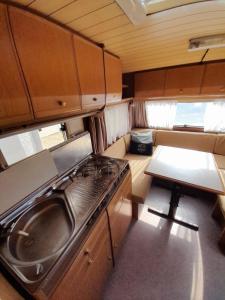 eine Küche in einem Wohnwagen mit einem Herd und einem Tisch in der Unterkunft Kamping, trailer Molly in Ulcinj