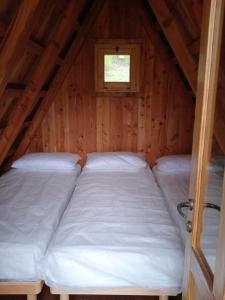 una camera con 2 letti in una cabina di legno di Parco Archeologico Valdieri a Valdieri