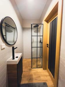 La salle de bains est pourvue d'une douche avec un miroir et un lavabo. dans l'établissement Lubiński Resort, à Stężyca