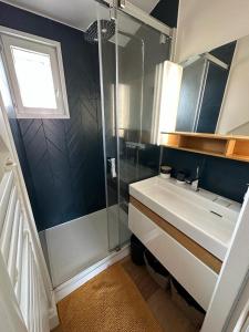 y baño con lavabo y ducha. en Superbe appartement plein centre de Biarritz, en Biarritz