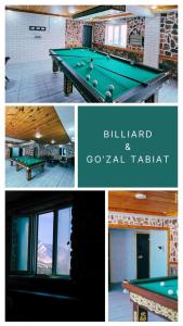 un collage de cuatro fotos de una mesa de billar en Qimiz.Uz, en Chimgan