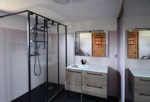 a bathroom with a sink and a shower at Villa vue mer, Climatisée in Olmeto