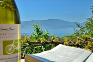 a bottle of wine sitting next to a book and a bottle of wine at Porto Lastva Apartments in Tivat