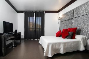 Schlafzimmer mit einem Bett mit roten Kissen und einem Schreibtisch in der Unterkunft Hotel ACG in Los Villares