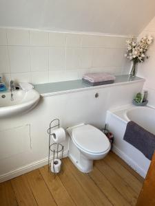 a white bathroom with a toilet and a sink at Hillhouse Blackhall in Edinburgh