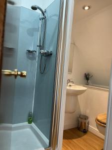 a shower with a glass door in a bathroom at Hillhouse Blackhall in Edinburgh