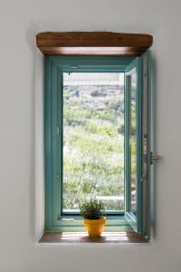 une fenêtre verte avec une plante en pot sur un rebord de fenêtre dans l'établissement The Architect's House, 3br villa in Naxos, à Naxos Chora
