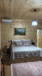 ein Schlafzimmer mit einem Bett in einem Holzzimmer in der Unterkunft Alva Room's in Gjirokastër