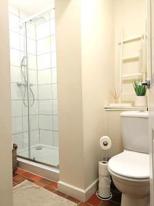 La salle de bains est pourvue de toilettes et d'une douche en verre. dans l'établissement Charming Terrace Home in Whitchurch, à Whitchurch