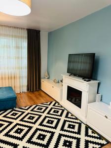 a living room with a television and a fireplace at Blue Apartment in Cluj-Napoca
