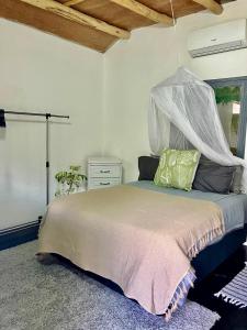 a bedroom with a bed with a mosquito net on it at Gecko Lodge, Dolphin Cottage in Vilanculos