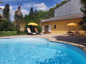 a pool with chairs and umbrellas next to a house at Château de la Prade in Bram