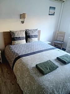 um quarto com uma cama com duas almofadas em Appartement 2 chambres, avec terrasse/parking em Palavas-les-Flots