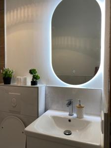 a bathroom with a sink and a mirror at Konjic Lakeside Resort in Konjic