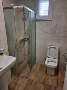 a bathroom with a shower and a toilet and a sink at Bujtina Lugina e vjosës in Përmet