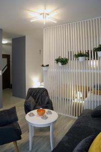 ein Wohnzimmer mit einem Sofa und einem Tisch in der Unterkunft Apartamenty Uniejow "prywatne kapiele termalne" in Uniejów