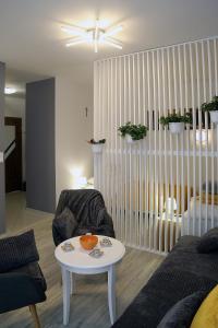 a living room with a couch and a table at Apartamenty Uniejow "prywatne kapiele termalne" in Uniejow