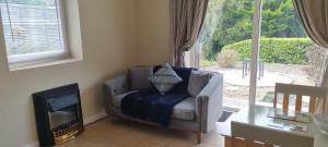 a living room with a chair and a fireplace at Pinewood Lodge in Cork