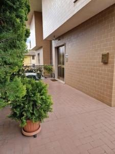 ein Gebäude mit zwei Topfpflanzen vor einem Gebäude in der Unterkunft Affittacamere Via Carducci in Gubbio
