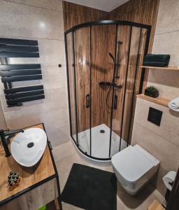a bathroom with a shower and a toilet and a sink at Ava Relax Apartments in Świnoujście