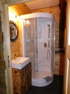 ein Bad mit einer Dusche und einem Waschbecken in der Unterkunft Haus Feierabend in Plodda