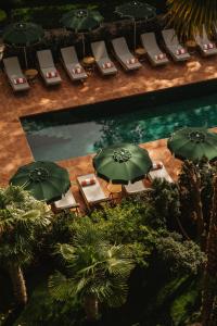 an overhead view of a pool with chairs and umbrellas at Parkhotel Mondschein, a Member of Design Hotels in Bolzano