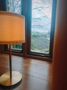 a lamp sitting on a floor next to a window at The Duddon Nest in Ulpha
