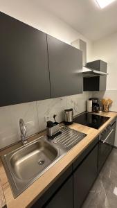 eine Küche mit einer Spüle aus Edelstahl und einer Theke in der Unterkunft Luxus-Flat Wohnung-Hanau/Frankfurt in Hanau am Main