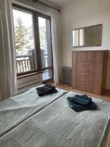 a bedroom with a large bed and a large window at Cozy Mountain Apartment in Borovets