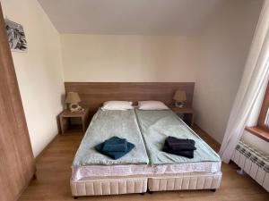 a bedroom with a bed with two pillows on it at Cozy Mountain Apartment in Borovets