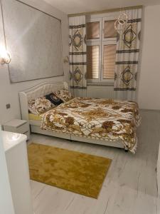 a bedroom with a bed and a window and a rug at Apartmán v historickém centru Ostravy in Moravská Ostrava