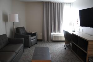 uma sala de estar com um sofá e uma cadeira e uma televisão em Candlewood Suites - Nashville South, an IHG Hotel em Nashville