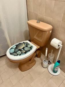 a bathroom with a toilet seat with rocks on it at Charmante maison de village in Falicon