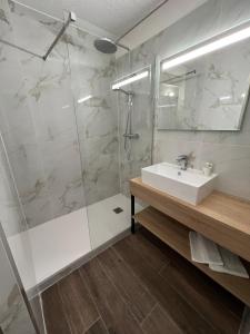 a bathroom with a sink and a shower at Brit Hotel Confort Gien in Gien