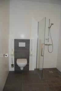 a bathroom with a toilet and a glass shower at Vakantiehuis B&B Familie Versantvoort in Handel