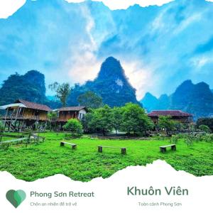 a green field with benches in front of mountains at Phong Sơn Retreat - Hữu Lũng, Lạng Sơn in Lạng Sơn