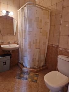 ein Bad mit einer Dusche, einem WC und einem Waschbecken in der Unterkunft Apartment Kalin complex Aurelia-RAVDA in Nessebar