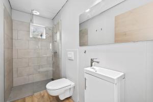 Rauðafell apartment في هفولسفولر: حمام ابيض مع مرحاض ومغسلة