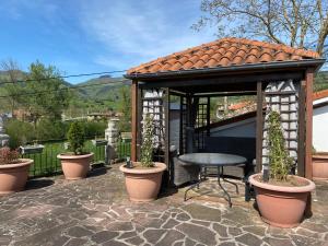 een tuinhuisje met een tafel en potplanten bij La Casa de Mica in Cotillo