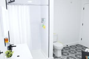 une salle de bain avec douche et toilettes dans l'établissement Cozy Stylish Apartment near Newark, NJ Airport, à Elizabeth