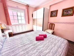 ein Schlafzimmer mit einem großen Bett mit zwei rosa Kissen darauf in der Unterkunft Centrico Apartamento Rincon de la Victoria , cerca de la Playa in Rincón de la Victoria