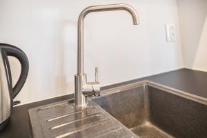 - un évier de cuisine avec un robinet sur un comptoir dans l'établissement Tiny House Lohmen Garder See, à Lohmen 17 autres photos