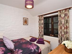 a bedroom with a bed with purple pillows and a window at 2 Bed in Cilgerran FB173 in Cilgerran