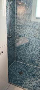 een badkamer met een douche met blauwe tegels bij Maison agréable dans le Blayais in Cézac