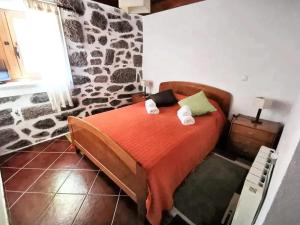a bedroom with a bed in a room with a stone wall at Charming villa in Segões with a private pool in Segões