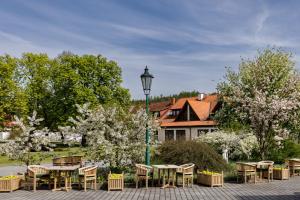 un groupe de tables et de chaises et un éclairage de rue dans l'établissement Darovanský Dvůr - Wellness & Golf Hotel, à Břasy