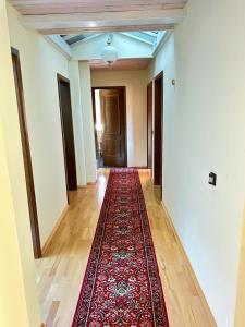 a hallway with a red rug on a wooden floor at Gästehaus Herzog in Uhldingen-Mühlhofen