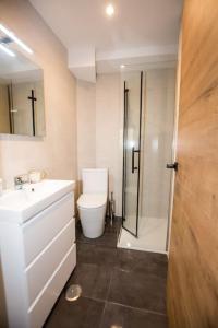 a bathroom with a toilet and a sink and a shower at Joya en el corazón de Ribeira in Ribeira